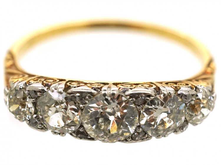 Edwardian 18ct Gold & Platinum Five Stone Diamond Carved Half Hoop Ring