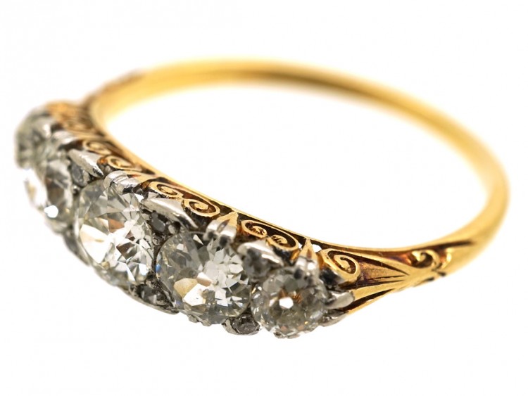 Edwardian 18ct Gold & Platinum Five Stone Diamond Carved Half Hoop Ring