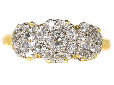 Edwardian 18ct Gold & Platinum Triple Cluster Diamond Ring