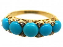 Victorian 18ct Gold, Turquoise & Rose Diamond Carved Half Hoop Ring