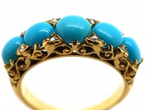 Victorian 18ct Gold, Turquoise & Rose Diamond Carved Half Hoop Ring
