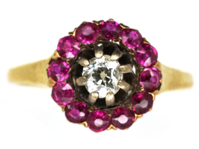 Edwardian 14ct Gold, Diamond & Burma Ruby Cluster Ring