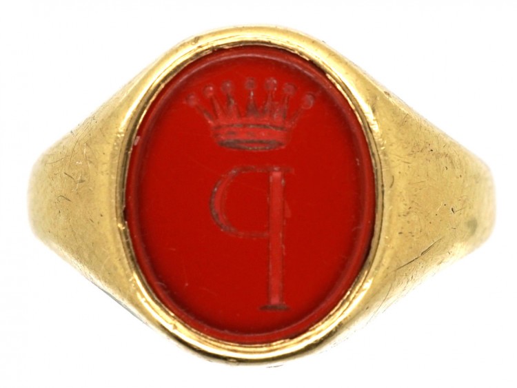 Gold & Carnelian Signet Ring with P & Coronet Intaglio