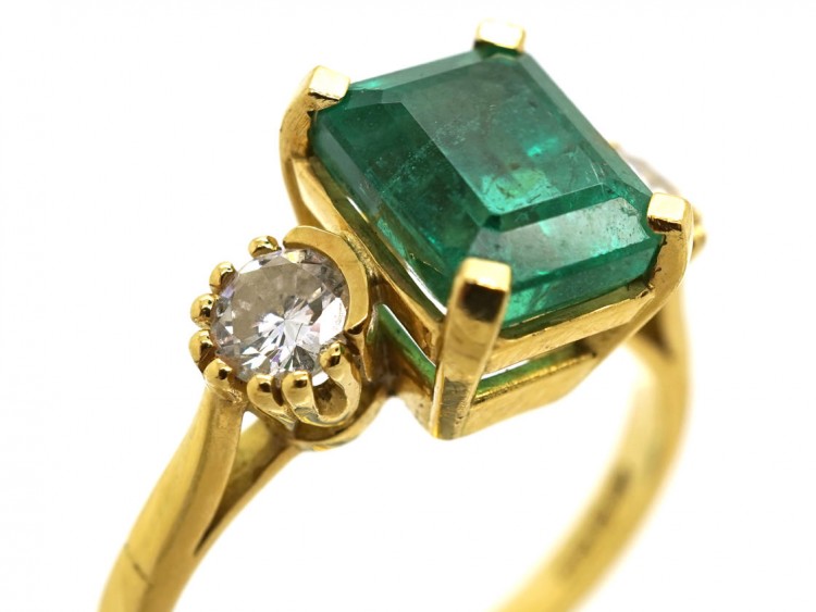 18ct Gold Rectangular Emerald & Diamond Three Stone Ring