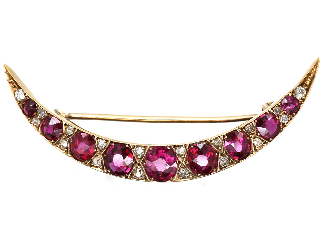 Gold Ruby Diamond Crescent Pin