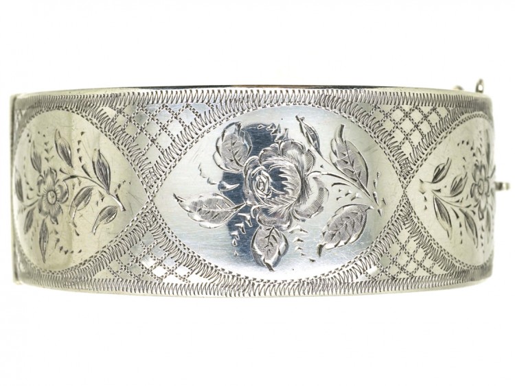 Silver Bangle With Engraved Flower Motif