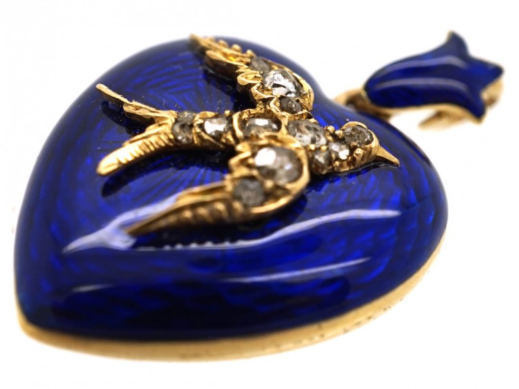 Victorian 15ct Gold, Blue Enamel Heart Shaped Pendant With Rose Diamond Set Swallow Motif