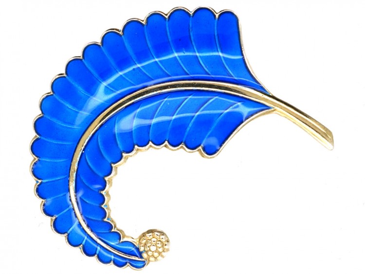 Norwegian Silver & Blue Enamel Feather Brooch by Albert Scharning