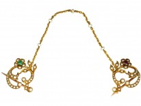 Edwardian Pair of 15ct Gold Brooches Set With Natural Split Pearls, Emerald & A Ruby