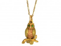Edwardian Two Colour 15ct Gold Owl Pendant on 15ct Gold Chain