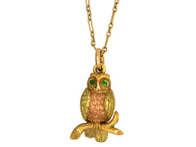 Edwardian Two Colour 15ct Gold Owl Pendant on 15ct Gold Chain
