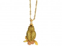 Edwardian Two Colour 15ct Gold Owl Pendant on 15ct Gold Chain