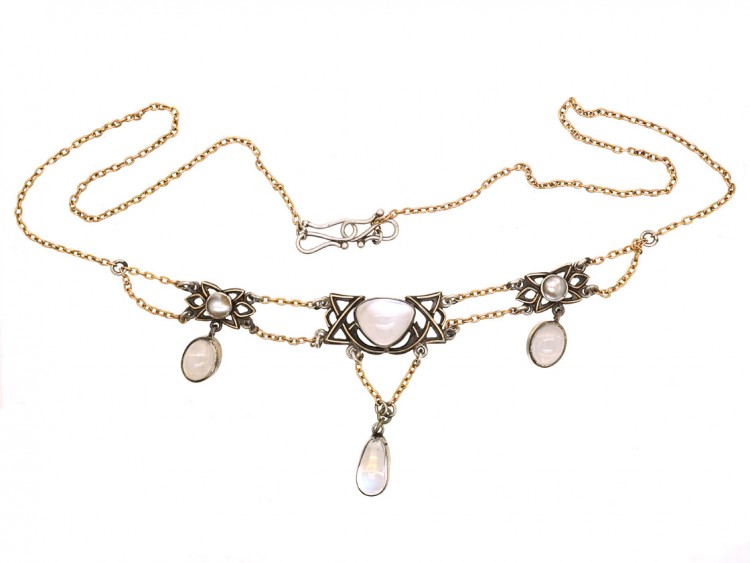 Silver & Gold , Moonstone & Blister Pearl Arts & Crafts Necklace