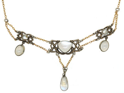 Silver & Gold , Moonstone & Blister Pearl Arts & Crafts Necklace