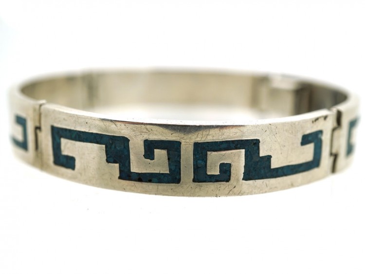 Mexican Silver Bracelet With Navaho Motifs in Turquoise