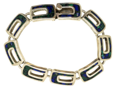Mexican Silver Bracelet Inlaid with Lapis & Malachite Chips