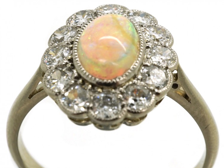 Edwardian 18ct Gold, Platinum, Opal & Diamond Oval Cluster Ring