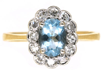 18ct Gold Aquamarine & Diamond Oval Cluster Ring