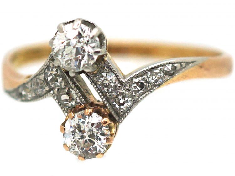 Edwardian 18ct Gold & Platinum, Two Stone Diamond Zig Zag Crossover Ring