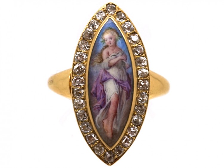 Victorian 18ct Gold & Diamond & Enamel Miniature of a Nymph Ring