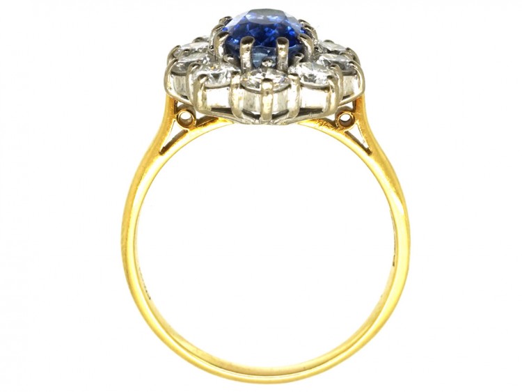 18ct Gold, Ceylon Sapphire & Diamond Oval Cluster Ring