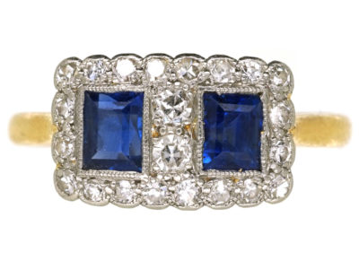 Art Deco 18ct Gold & Platinum, Sapphire & Diamond Two Square Ring