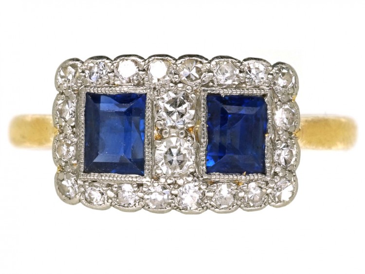 Art Deco 18ct Gold & Platinum, Sapphire & Diamond Two Square Ring