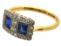 Art Deco 18ct Gold & Platinum, Sapphire & Diamond Two Square Ring