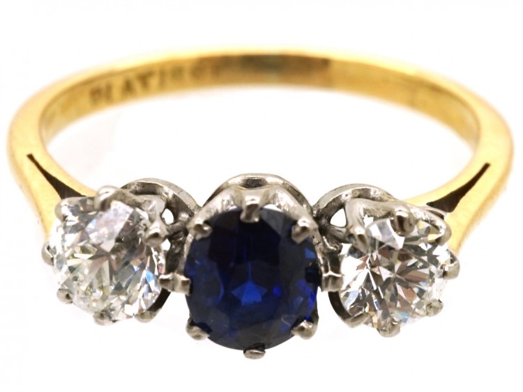 18ct Gold & Platinum, Three Stone Sapphire & Diamond Ring