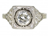 French Platinum Art Deco Square Set Diamond Target Ring