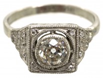French Platinum Art Deco Square Set Diamond Target Ring