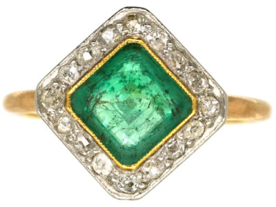Art Deco 18ct Gold & Platinum, Emerald & Diamond, Diamond Shaped Ring