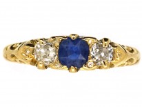 Victorian 18ct Gold, Sapphire & Diamond Three Stone Carved Half Hoop Ring