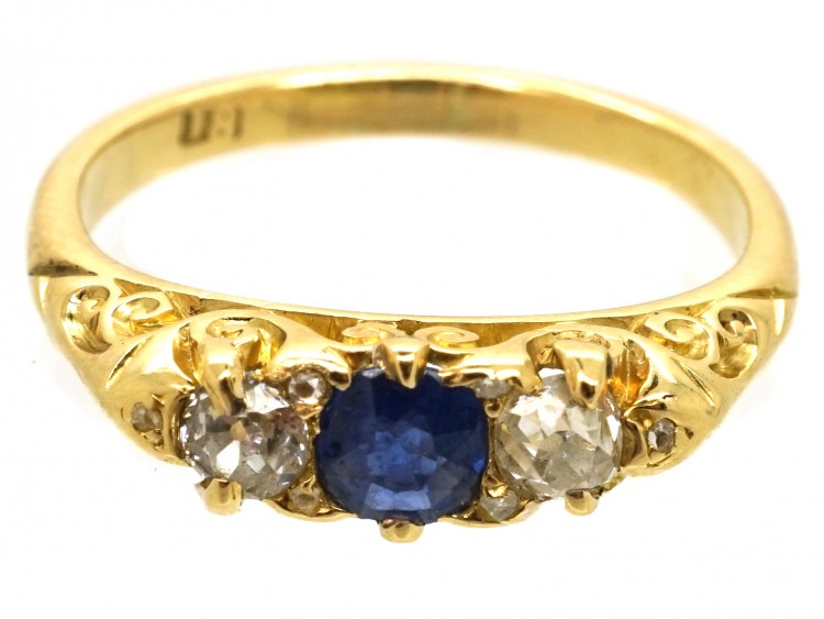 Victorian 18ct Gold, Sapphire & Diamond Three Stone Carved Half Hoop Ring