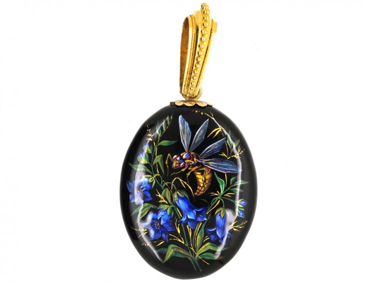 Victorian 18ct Gold & Silver Enamel Oval Pendant of a Bee & Harebells