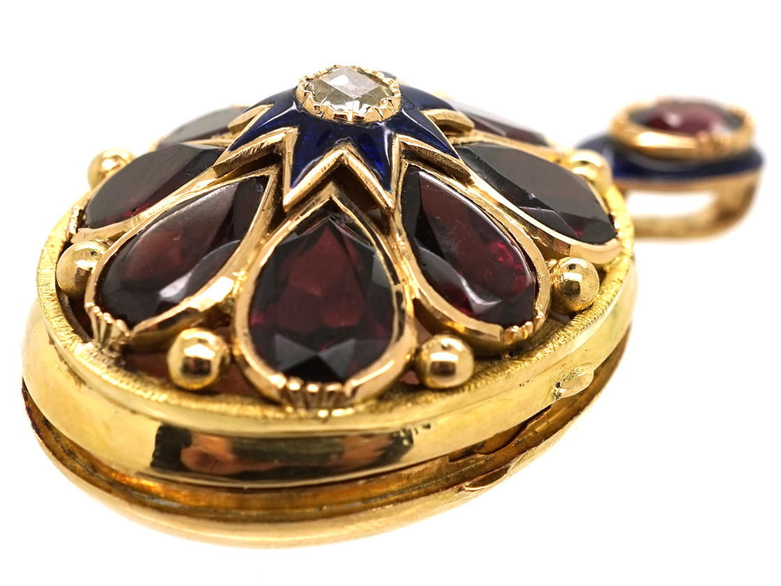 French 18ct Gold Locket Set With Garnets & a Diamond (343K) | The ...