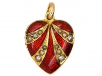 Edwardian 15ct Gold Red Enamel & Natural Split Pearl Heart Pendant