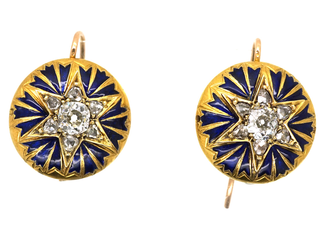 Victorian 18ct Gold Star Enamel & Diamond Round Earrings (271K) The