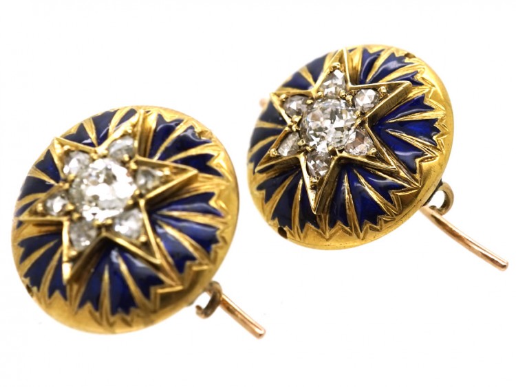 Victorian 18ct Gold Star Enamel & Diamond Round Earrings