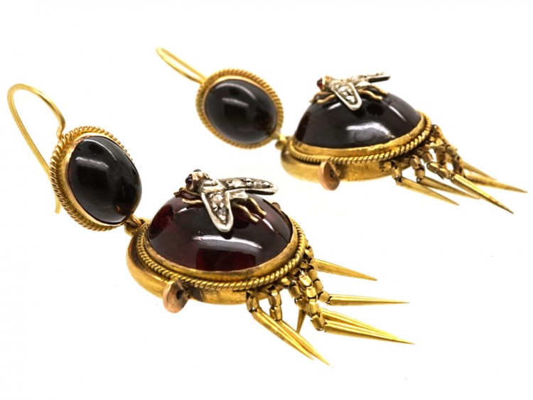 Victorian 15ct Gold Earrings Set With Cabochon Garnets & Diamond Set Flies