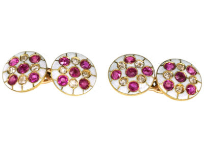Edwardian 18ct Gold Diamond, Ruby & White Enamel Round Cufflinks