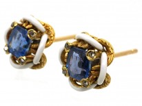 Edwardian Ceylon Sapphire, Rose Diamond & White Enamel Earrings