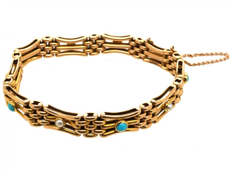 Edwardian 15ct Gold Gate Bracelet Set With Turquoise & Natural Split Pearls