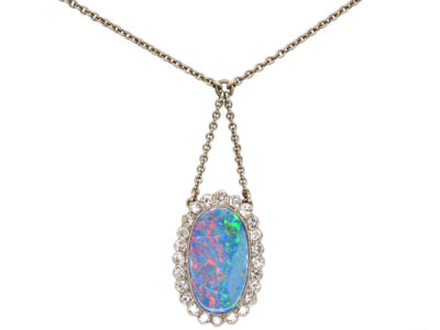 Edwardian Platinum Diamond & Opal Pendant on Platinum Chain