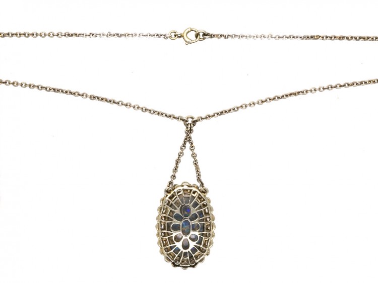 Edwardian Platinum Diamond & Opal Pendant on Platinum Chain