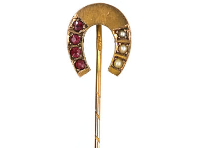 Victorian Gold Horseshoe Tie Pin Set With Rubies & Natural Split Pearls