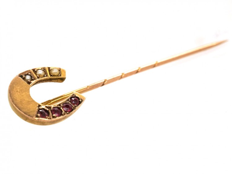 Victorian Gold Horseshoe Tie Pin Set With Rubies & Natural Split Pearls