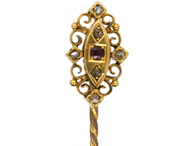 Victorian 15ct Gold Tie Pin Set With a Ruby & Rose Diamonds