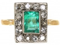 Art Deco 18ct Gold & Platinum, Rectangular Emerald & Diamond Ring