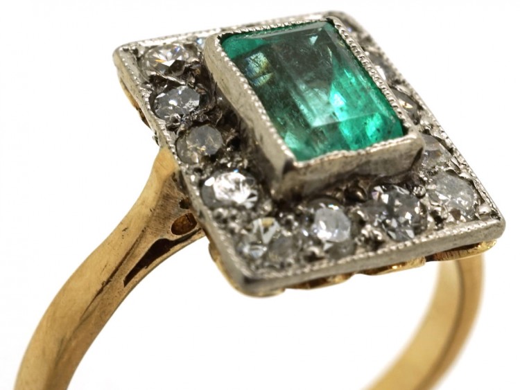 Art Deco 18ct Gold & Platinum, Rectangular Emerald & Diamond Ring